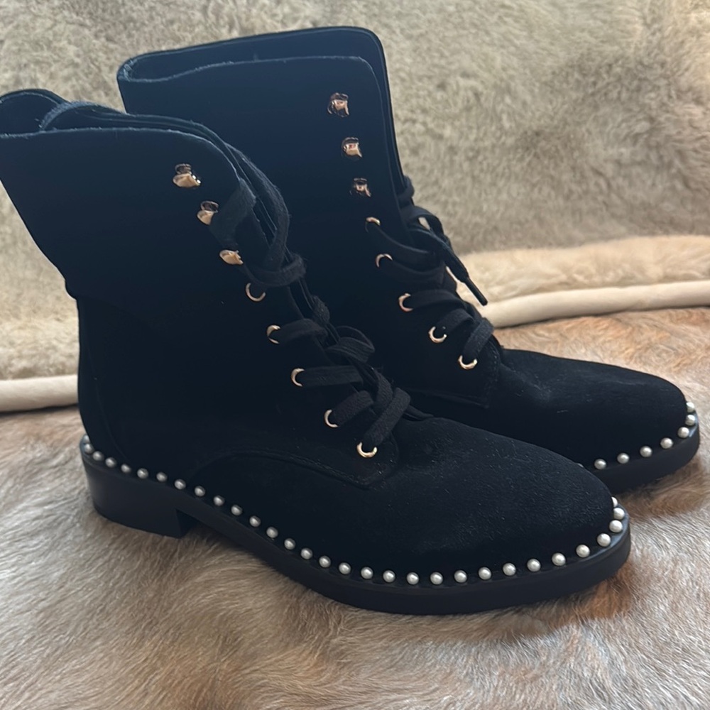 Stuart Weitzman Black Combat Boots with Studded Details